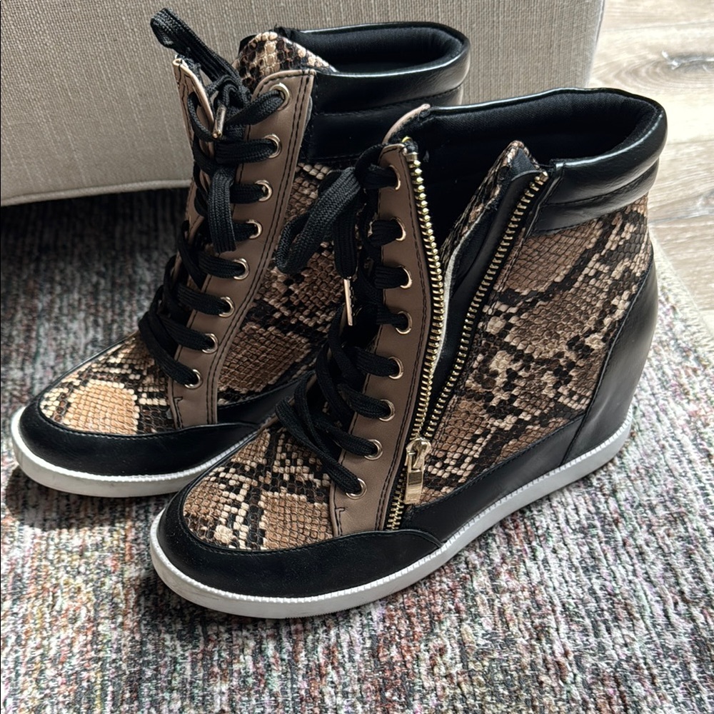 Black and Brown High-Top Wedge Sneakers